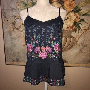 Sz S Savanna Jane Mexican Embroidered Floral Grey Camisole Top